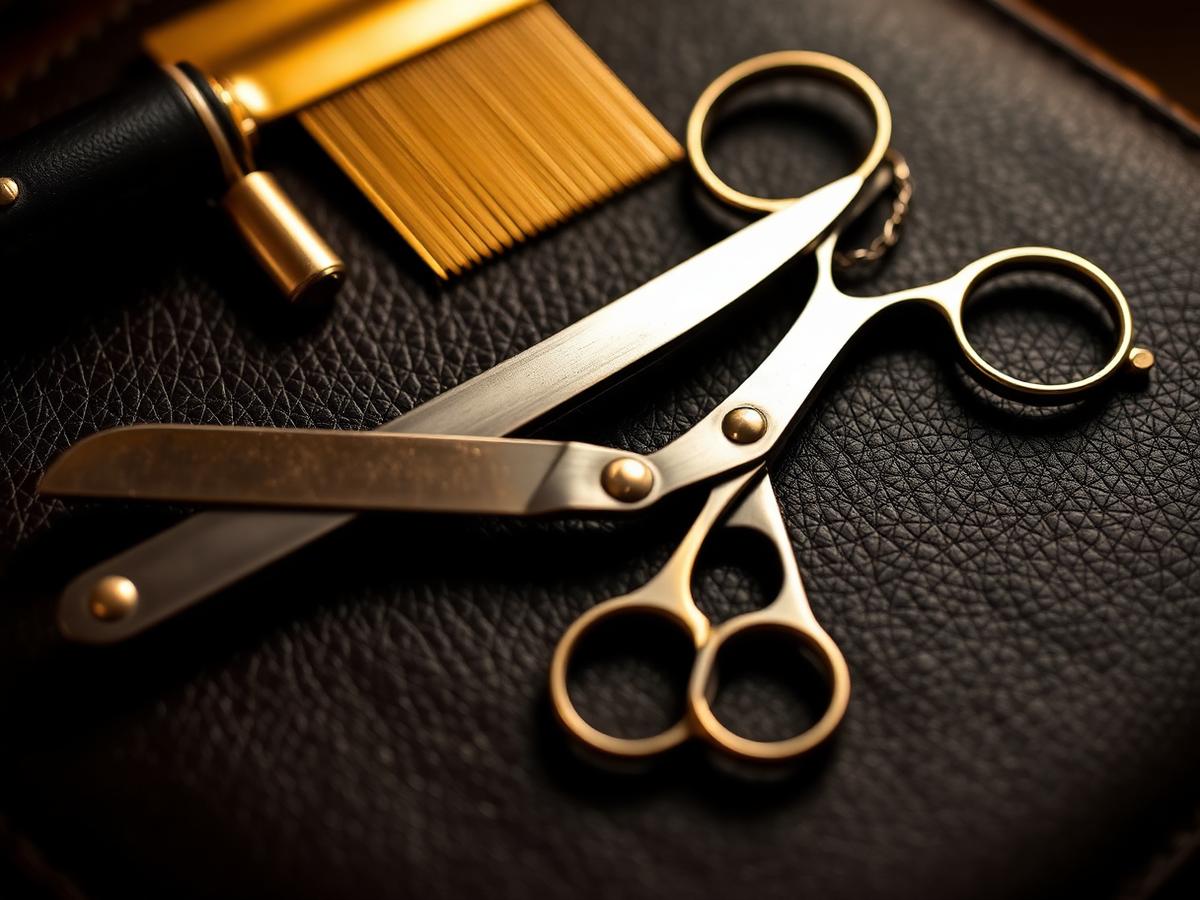 Barber tools laid on dark leather